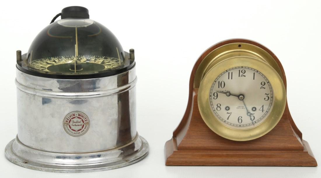 Ships Compass And Chelsea Ships Clock: Ships Compass And Chelsea Ships Clock. 1) Chelsea ships bell clock has a 4 in. silvered dial signed "Chelsea, Ships Bell" with black incised hour numbers and blued open moon hands; round brass 8 day s