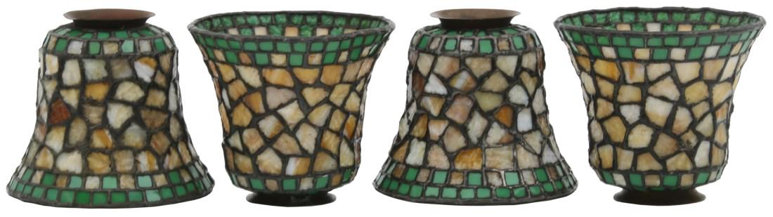 4 Philip Semmer Co. Leaded Shades: 4 Philip Semmer Co., (Pittsburgh, PA) mosaic leaded glass lamp shades; in good overall condition, unsigned. Measures 4.5 in. high x 5 in. dia. x 2.25 in. dia. fitter. Weight: 4.25 lbs.