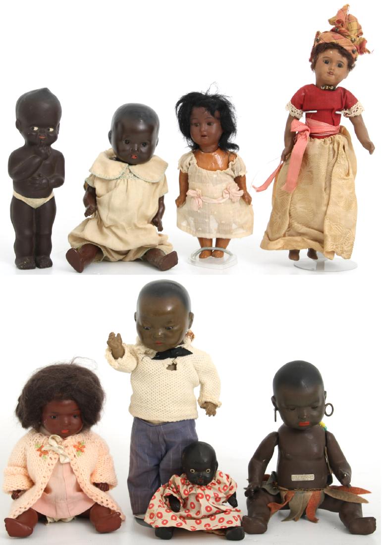 8 Black Character Dolls: 8 Black Character Dolls. 1) Unis France, size 60 porcelain head doll, glass eyes, composite body. 11 in. high. 2) Walther & Sohn, German, bisque head blinking eye doll, composite body. 8 in. high. 3) 
