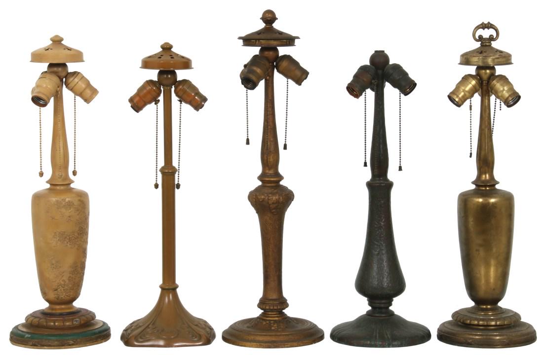 5 Handel Table Lamp Bases: 5 Handel Table Lamp Bases. 1) Japanesque baluster vase form base, relief decorated on the front with birds and filigree, original cold painted finish, 3 light spherical light cluster with original soc