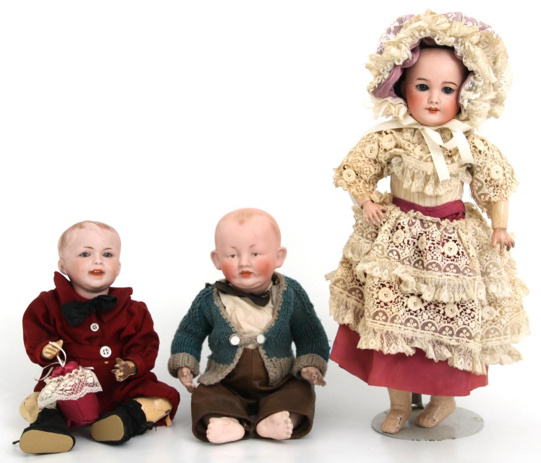 3 Dolls, SFBJ And Franz Schmidt: 3 Dolls, SFBJ And Franz Schmidt. 1) Franz Schmidt & Co., bisque head character seated doll with composite body, fixed elbows and knees; singed "F.S. Co., 1270-32, Deponiert". No hairlines in head, has