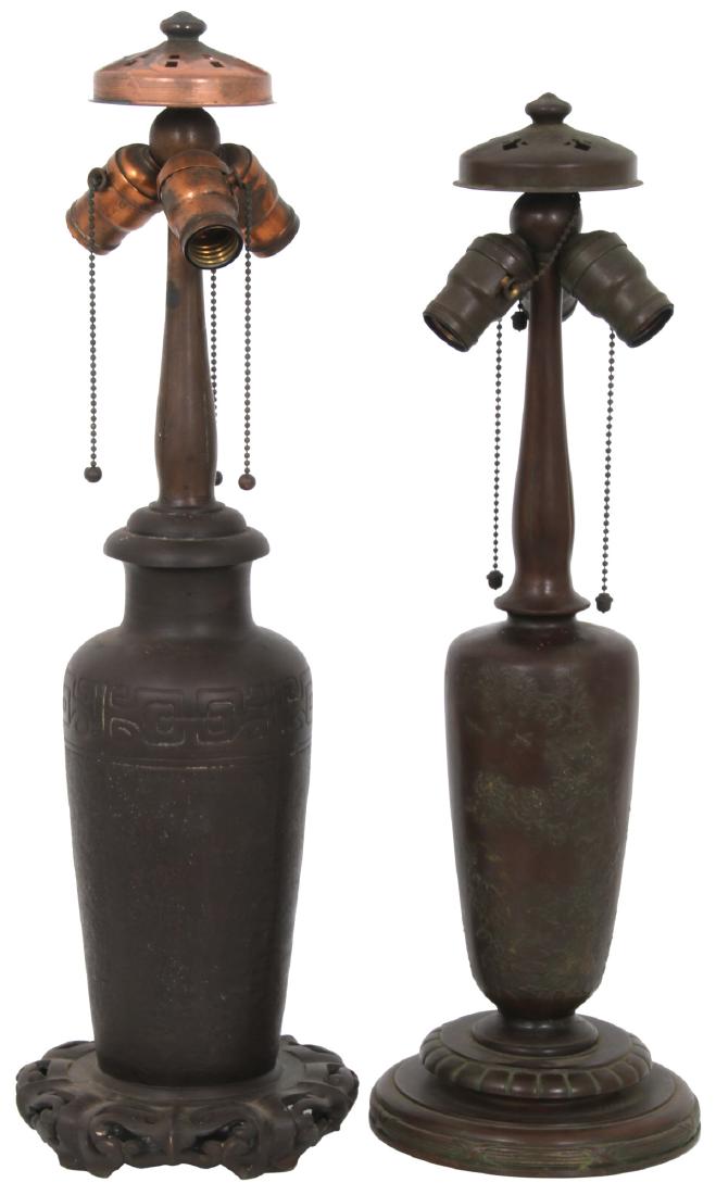 2 Handel Oriental Style Lamp Bases: 2 Handel Oriental Style Lamp Bases. 1) Chinese vase form with a textured surface, incised border at the shoulder, pierced decorated platform and long stem; spherical 3 socket light cluster with origin