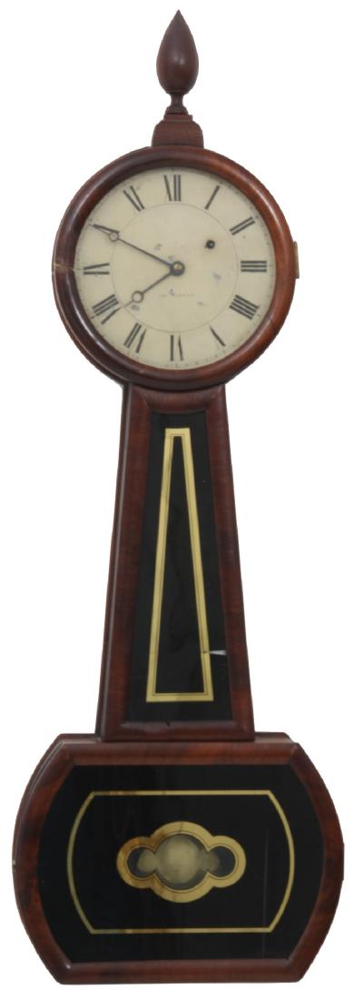 Tosely Mahogany Massachusetts Banjo Clock: Tosely Mahogany Massachusetts Banjo Clock. Original 7 in. painted metal dial signed "R.G. Tosely" has black Roman hour numerals and blued open moon hands; brass 8 day weight driven time only movement 