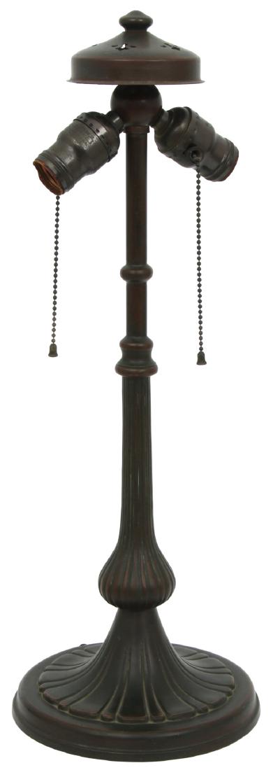 Handel No. 5184 Table Lamp Base: Handel No. 5184 Table Lamp Base. Spelter base has a 2 socket spherical light cluster with original sockets, pulls, heat cap and finial; signed on the bottom Handel 5184 and has an excellent dark brown