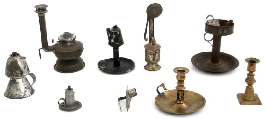 9 Pcs. Early Portable Lighting: 9 Pcs. Early Portable Lighting. Dietz "Bestov Hand Lamp" with hurricane shade, 2 oil finger lamps, push up brass candlestick, push up brass candlestick, table mounted candle holder, oil lamp with hang
