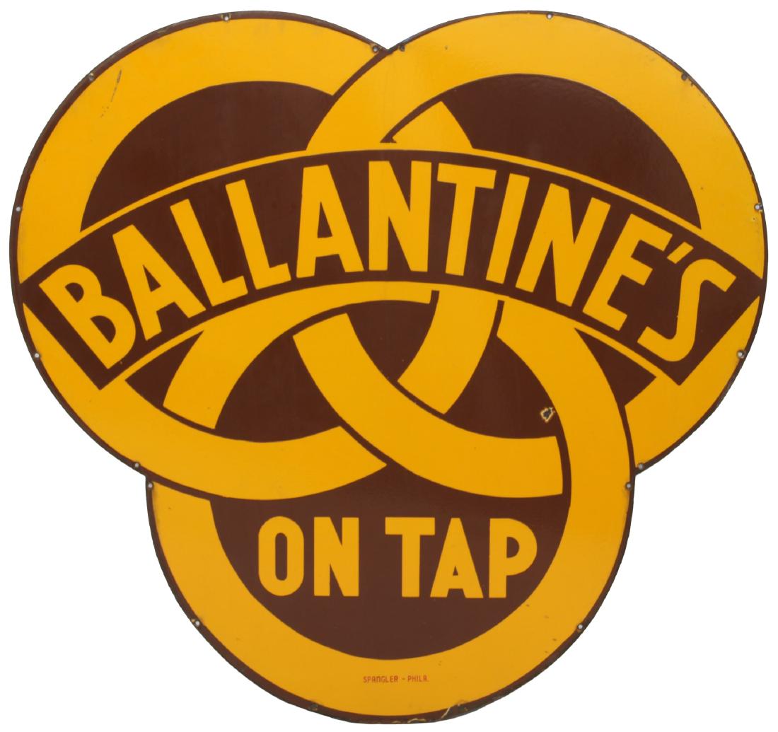 Ballantine's Porcelain Advertising Sign: Ballantine's Porcelain Advertising Sign. One sided advertising sign by the Spangler Sign Co. Philadelphia. Has company's emblem of 3 intersecting circles and reads "Ballantine's, On Tap". Has a single