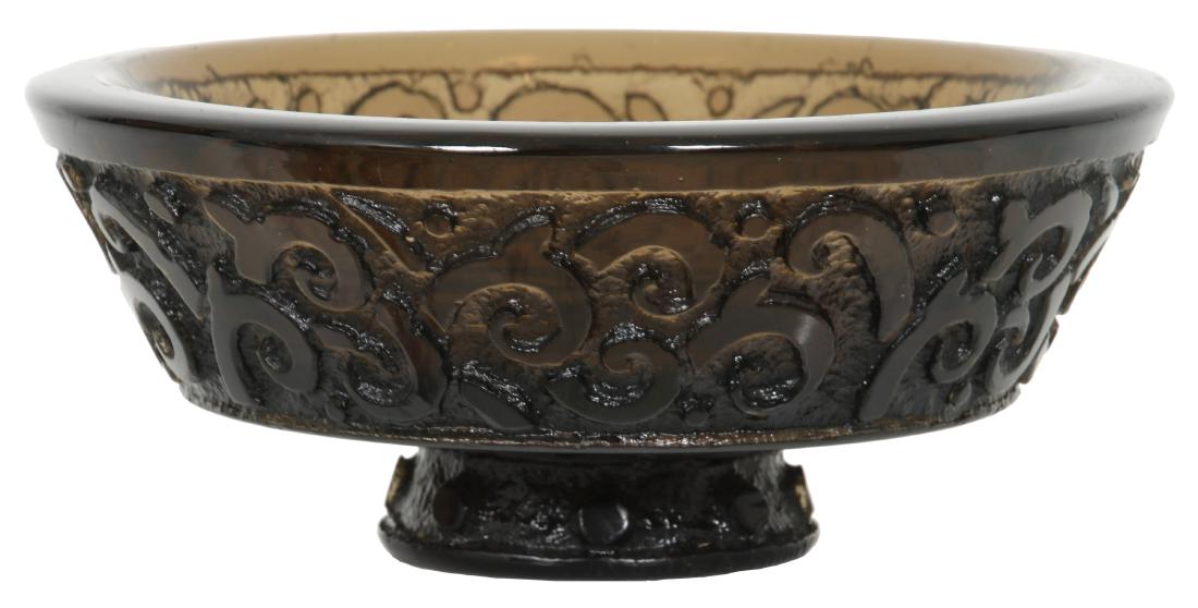 Daum Nancy Acid Etched Pedestal Bowl: Daum Nancy Acid Etched Pedestal Bowl. Fine bowl formed in a smoky topaz colored glass, has polished surfaces with deep acid etched borders around the body and underside of the bowl and also around the