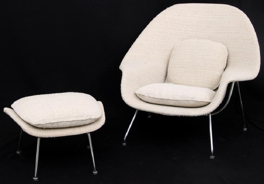 Eero Saarinen Womb Chair and Ottoman: Eero Saarinen Womb Chair and Ottoman . Eero Saarinen Mid-Century Modern Womb Chair and Ottoman For Knoll International. Unsigned, upholstered in tweed with chrome plated steal legs, reupholstered. Cha