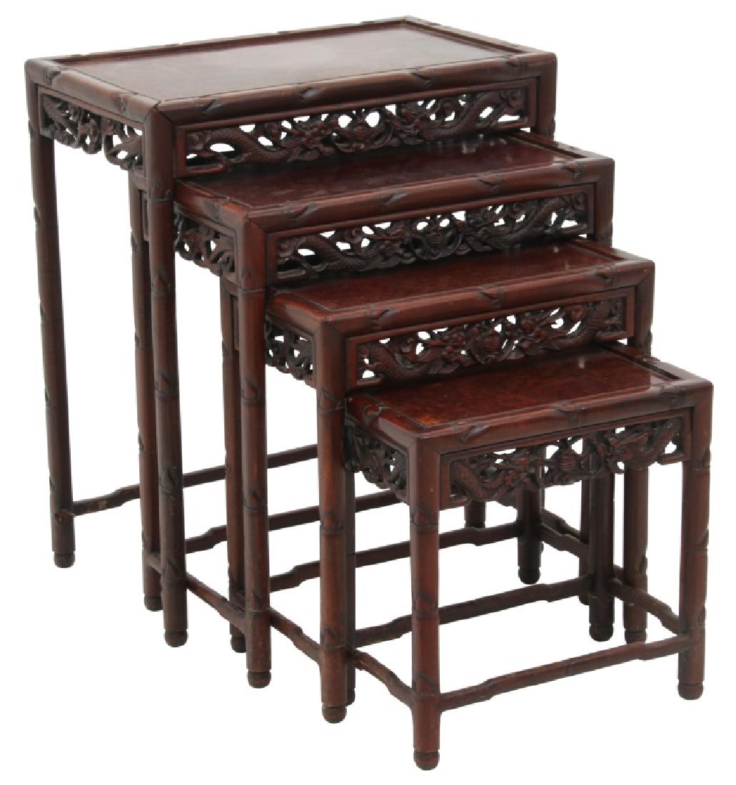 4 Chinese Carved Teak Nesting Tables