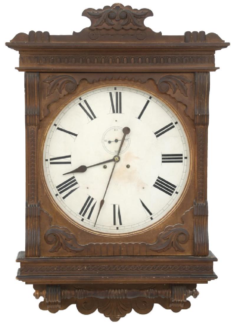 Ansonia Foyer No. 1 Wall Regulator: Ansonia Foyer No. 1 Wall Regulator. Original 18 in. paper dial signed "Ansonia Clock Co., New York", has black Roman hour numerals, sub seconds and large spade hands; pierced brass 8 day double spring
