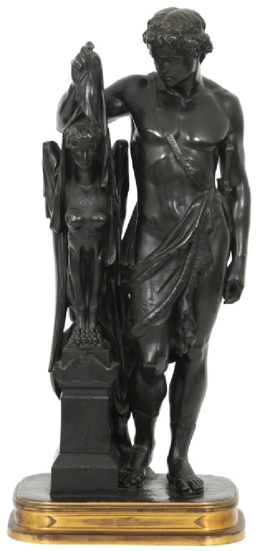 Emile Herbert Bronze Sculpture "Oedipus": Pierre Eugene Emile Hebert (French, 1828-1893) bronze sculpture of the mythical Greek King of Thebes "Oedipus"; the figure stands in a loosely draped garment with sword at his hip and lifts a cloth fr
