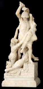 Grand Tour Alabaster Sculpture On Marble Base: The carved alabaster sculpture depicts "The Rape Of Polyxena" after the Pio Fedi (1865) sculpture found in Loggia dei Lanzi, Florence. In the scene the Greek warrior Achilles ambushes and is abducting