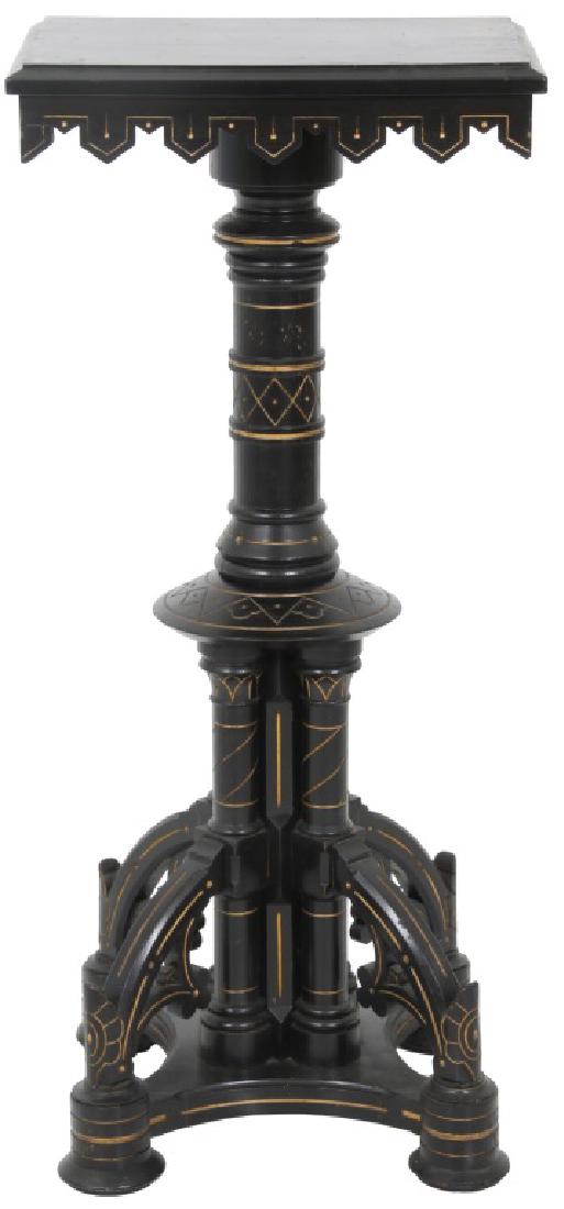 Gothic Ebonized & Gilt Incised Pedestal: Gothic Ebonized & Gilt Incised Pedestal. 7 in. wide x 13 in. deep top has a beveled edge with carved apron having gilt incised highlights, turned center post has a 4 column cluster at the bottom with 