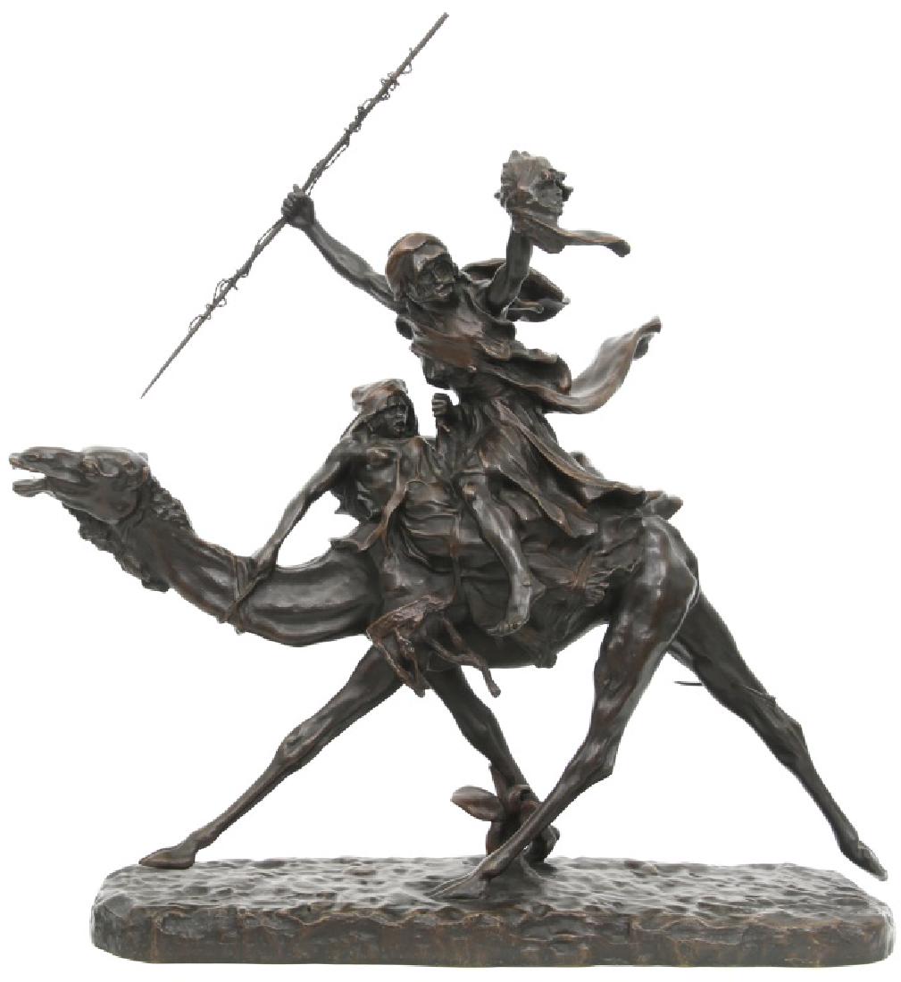 Jean Belloc Bronze Sculpture "La Fantasia": Jean Baptiste Belloc (French, 1863-1919) bronze sculpture titled "La Fantasia", scene of an Arab warrior riding on the back of a camel, he holds a spear in one hand, the head of an enemy in the other;