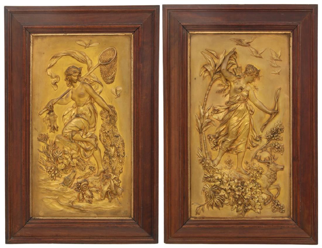 Pair of Gilt Metal Relief Decorated Plaques: Pair of Gilt Metal Relief Decorated Plaques. Attributed to Karl Starrer, marked "Geschutzt" and one stamped with foundry name "J. Kalmar". Both in good overall condition, figures depict Diana the hunt