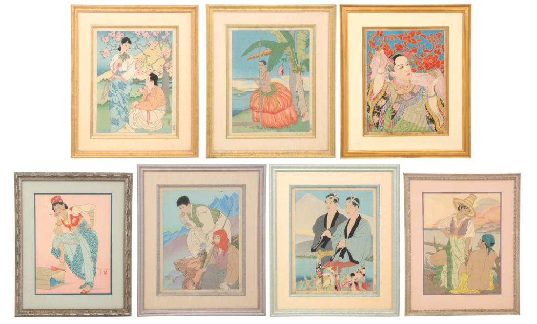 7 Paul Jacoulet Woodblock Prints: Paul Jacoulet (French-Japanese, 1902-1960) 7 original woodblock prints, each is hand signed in pencil, images have not been inspected out of frames due to custom framing; Sight: 5 pcs. 16.5 in. high x