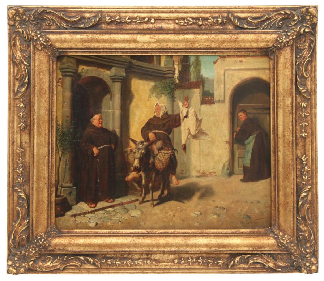 August Kraus O/C "Back From The Market": August Kraus (German, 1852-1917) oil on canvas painting depicts a courtyard scene with 3 fattened monks, one on the back of a donkey and returning with a large goose; signed lower right "aug. Kraus", 