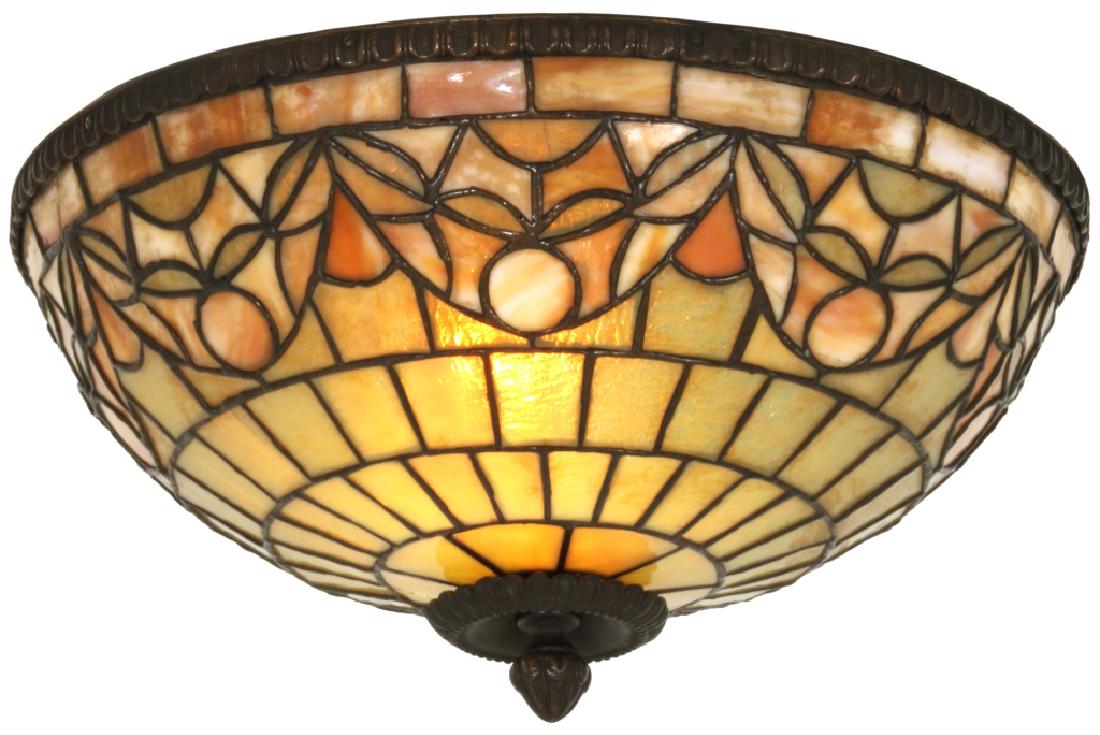 Attributed Duffner & Kimberly 16 in. Ceiling Lamp: Attributed Duffner & Kimberly Inverted Leaded Ceiling Lamp. 16 in. diameter domical shade has an applied bronze rim over a border of draped garland and a staggered geometric brick background; original