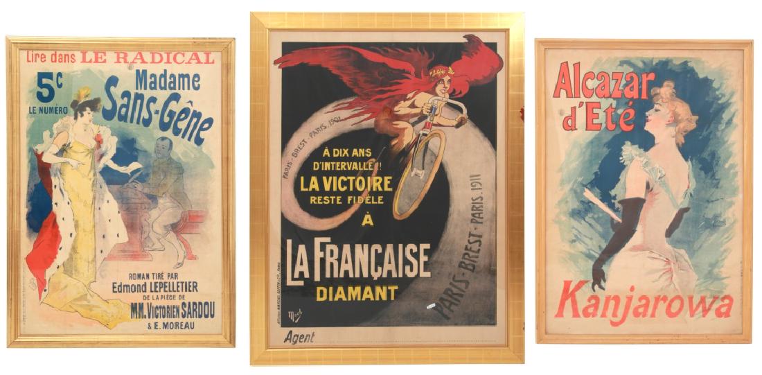 3 Vintage French Posters: 3 Vintage French Posters. 1) Michel Liebeau (French, 1881-1923) titled "La Francaise Diamant,"c.1911, cycling race poster printed by Marcial, Goffin & Cie, Paris. The winged red-headed woman is nude a