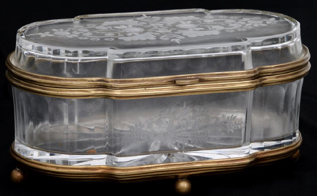 Bronze Mounted Cut Glass Table Casket: Bronze Mounted Cut Glass Table Casket. Large cut glass box with flowers and filigree cut in the block front, back and on the top of the hinged lid; excellent bronze mounted hinged collar and base with