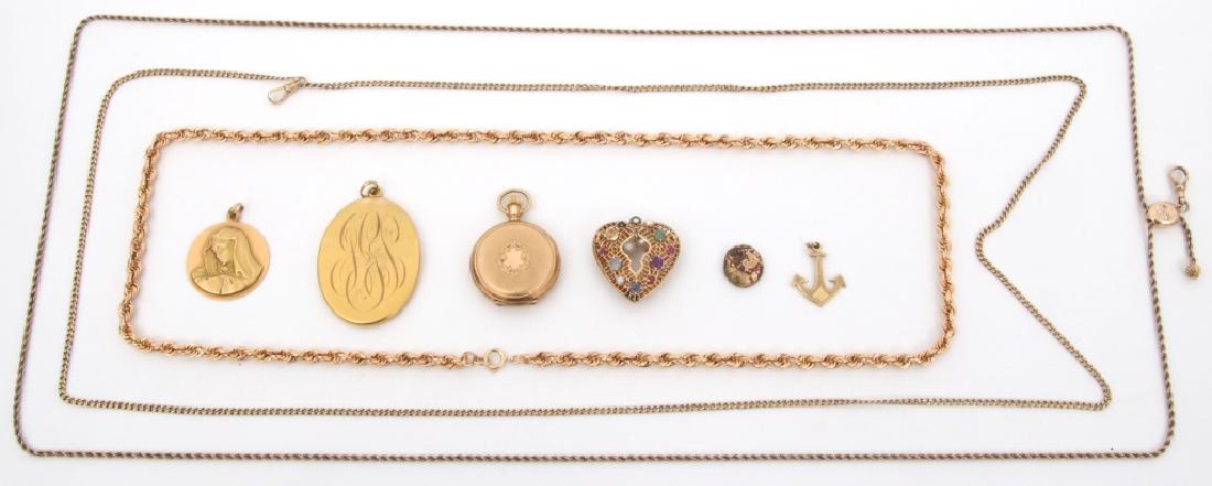 Gold Estate Jewelry (9 Pieces): Gold Estate Jewelry (9 Pieces). 14K Lambert Brothers hunter case pocket watch size 3/0s. 18K chain, anchor pendant and virgin Mary medallion. Solid gold nugget (12.2g). 14K large locket pendant, watch