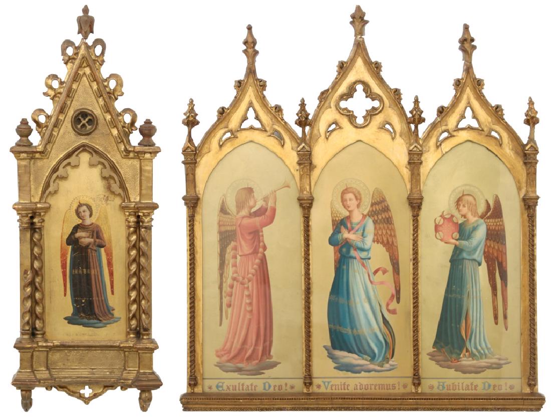 Italian Icons In Gothic Carved Frames: 2 Pieces Italian Icons In Gothic Carved Frames, c.1890. 1) Gilt pierced carved gothic arch triptych frame with flame finials and spiral turned columns; with gilt lithographic printed panels, images of