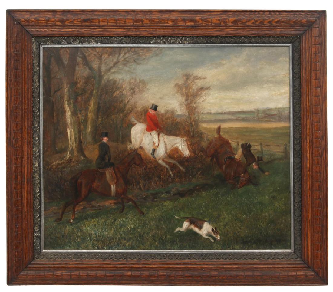 W.H. Wheelwright O/B Hunt Scene: William H Wheelwright (British, 1857-1897) oil on board British hunting scene, 3 figures on horseback following a dog, 1 figure being a lady riding side-saddle and another of a gentleman falling from 