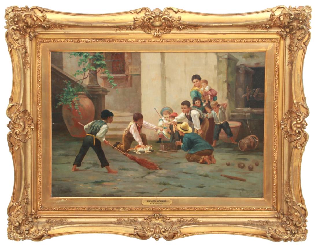 Gaetano Capone O/C Caught At Last: Gaetano Capone (Italian, 1845-1920) oil on canvas titled "Caught At Last", courtyard scene with a woman holding a baby, they look on while a group of 8 children and a cat work together to catch a rat 