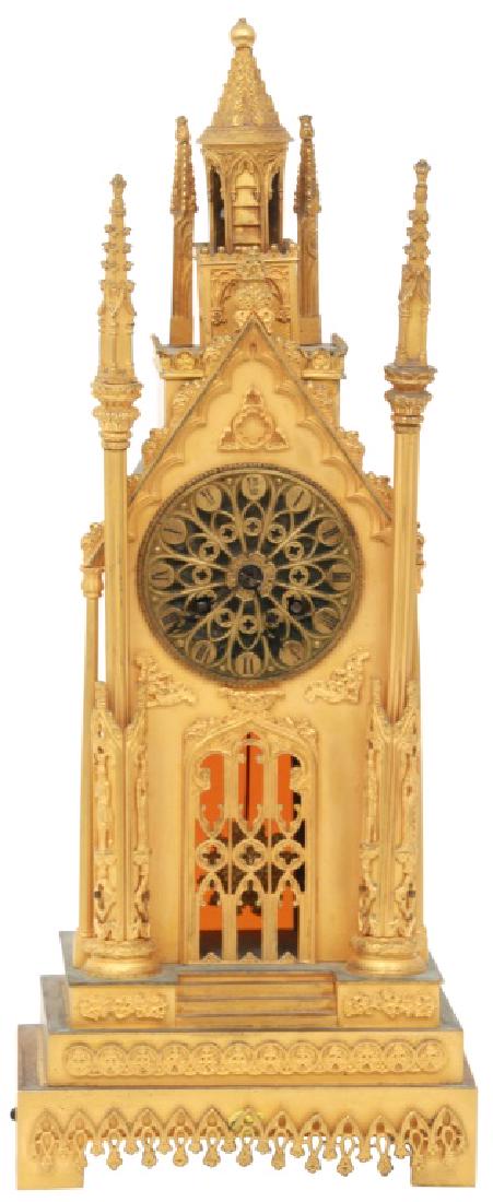 Bronze Gothic Cathedral Silk Thread Mantle Clock: Bronze Gothic Cathedral Silk Thread Mantle Clock. 3.25" pierced decorated brass dial with black painted Roman hour numerals and pierced decorated hands; round brass 8 day spring driven movement signed