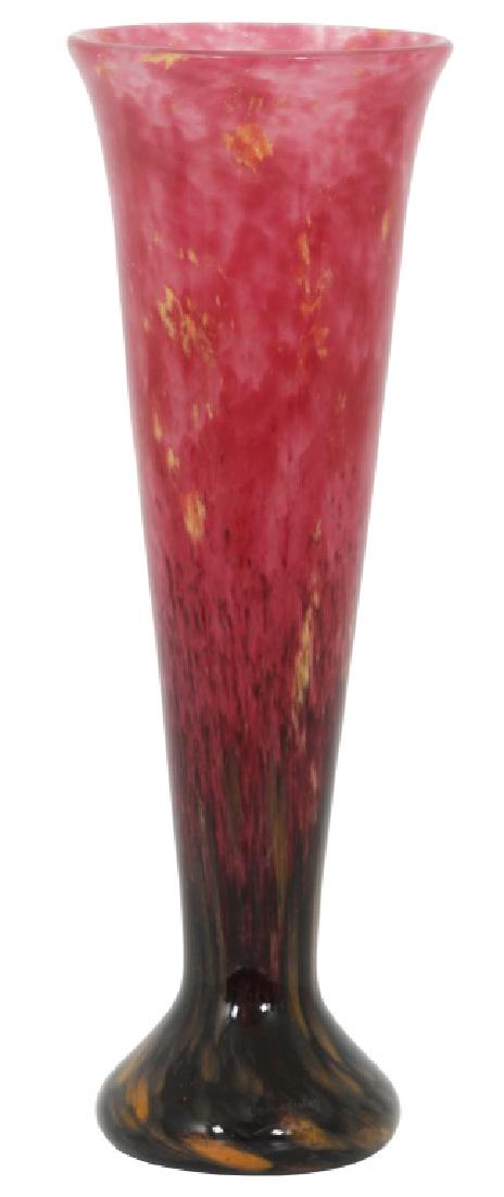 Large Charles Schneider Art Glass Vase: Large Charles Schneider Art Glass Vase. 17.75" high mottled glass vase has a trumpeted pink body with yellow and dark purple tones reaching up from the base; etched signature "Schneider", excellent co