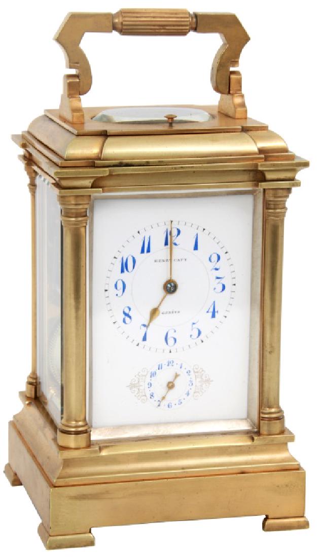 Henry Capt Grand Sonnerie Carriage Clock: Henry Capt Grand Sonnerie Carriage Clock. 2" porcelain dial signed "Henry Capt, Geneve" has blue hour numbers, gilt brass hands and sub alarm dial; quality brass 8 day spring driven movement signed "H