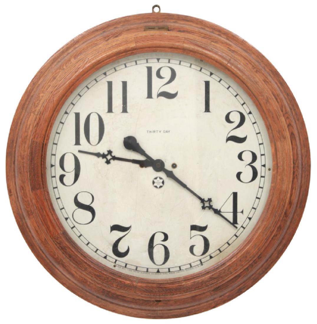 New Haven 30 Day 18" Gallery Clock: New Haven 30 Day 18" Gallery Clock. Original 18" paper dial signed "New Haven, Thirty Day" has black hour numbers and pierced decorated Maltese hands painted black; pierced brass 8 day spring driven t