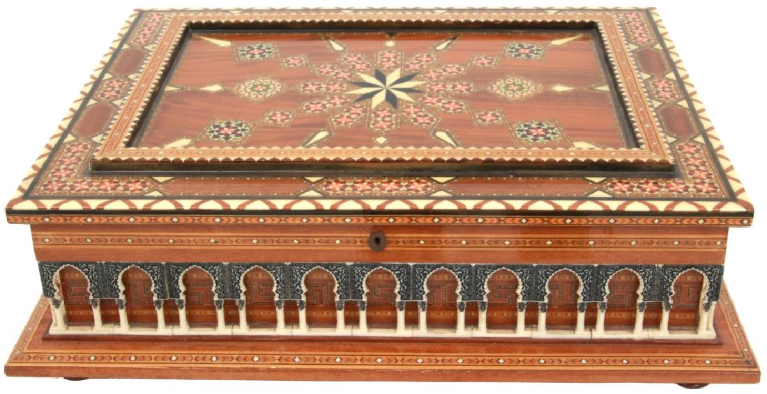 Large Victor Molero Marquetry Inlaid Box: Large Victor Molero Marquetry Inlaid Box. This large sized mahogany box has colorful mosaic marquetry inlays throughout with molded faux-ivory Moorish arches with columns and black pigmented highlight