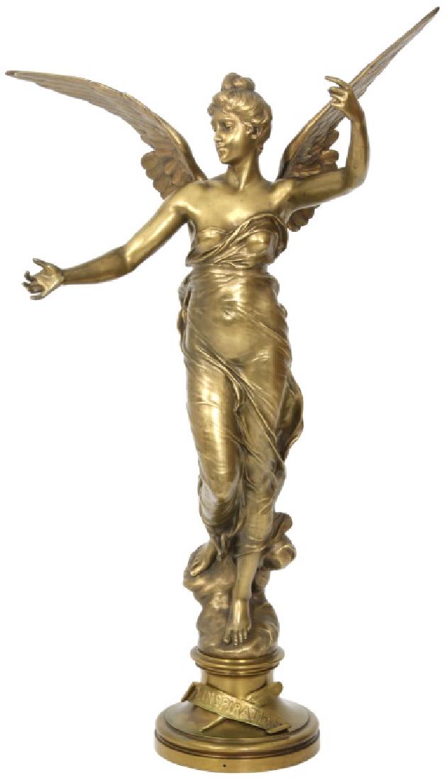 Eugene Marioton Bronze "L'Inspiration": Eugene Marioton Bronze "L'Inspiration". Eugene Marioton (French, 1854-1933) gilt bronze sculpture titled "L'Inspiration", standing figure of a winged woman wearing long garments with her arms reaching
