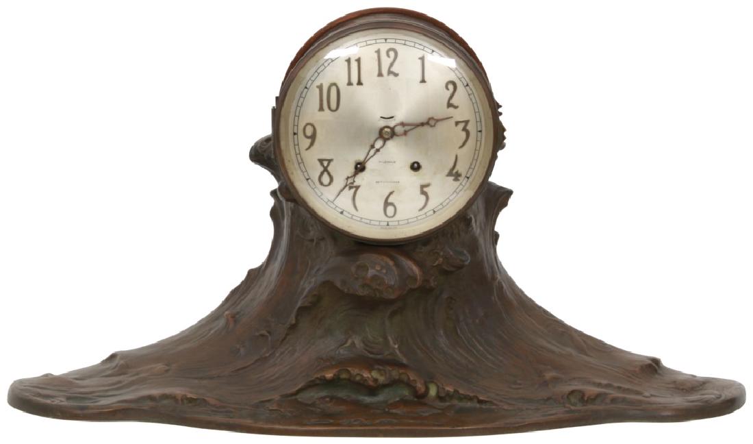 Seth Thomas Ship's Bell Mantle Clock "Montauk": Seth Thomas Ship's Bell Mantle Clock "Montauk". Silvered 6" dial signed "Seth Thomas" has applied brass hour numbers and fancy pierced filigree hands; round brass 8 day spring driven No. 115B movement