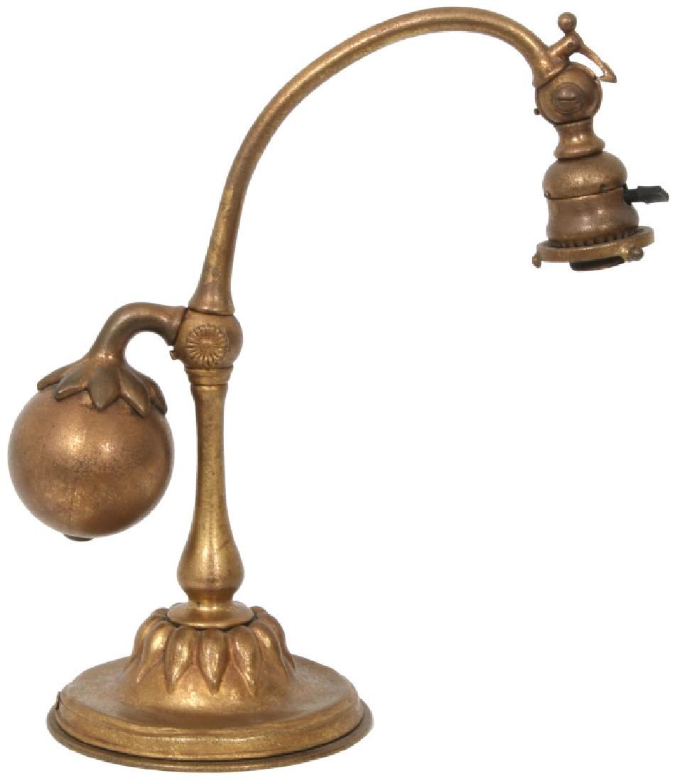 Tiffany Studios Dore Bronze Counterbalance Base: Tiffany Studios Dore Bronze Counterbalance Base. The dore bronze weighted base is decorated with a teardrop stem and an adjustable curved arm that features a spherical counterweight on the back end. T