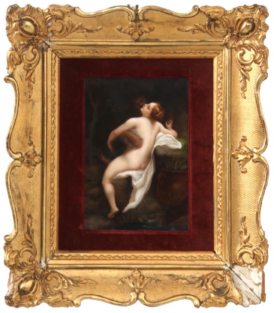 KPM Porcelain Plaque Jupiter & IO: KPM Porcelain Plaque Jupiter & IO. Scene of Jupiter & IO after Correggio, depicts Jupiter who is disguised in a dark cloud as he confronts and embraces his love "Io"; the figures are beside a pond wit