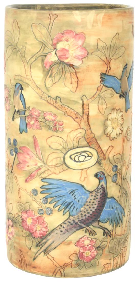 Weller Pottery "Flemish" Umbrella Stand: Weller Pottery "Flemish" Umbrella Stand. 22.5" high umbrella stand has incised and relief decorated pheasants, nest of eggs, magnolias, berry blossoms, sunflowers and insects; signed "Weller". Has a 5