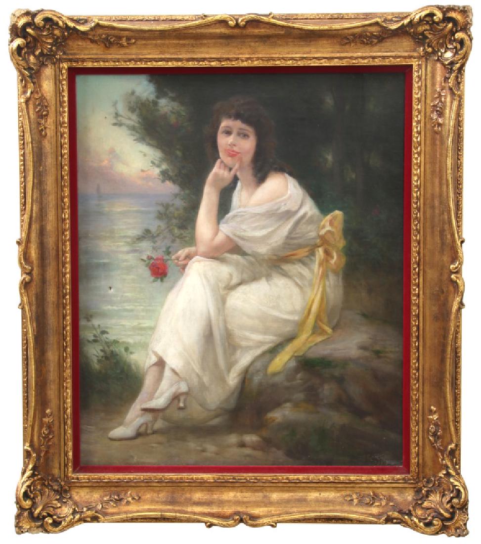 After Guillaume Seignac O/C "Girl & Red Rose": After Guillaume Seignac (French, 1870-1924) oil on canvas painting titled "Girl & Red Rose"; portrait of a woman seated on a stone, wearing a white dress with yellow sash, she holds a red rose and is 