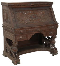 R.J. Horner Winged Griffin Oak Drop Front Desk (1 of 10)