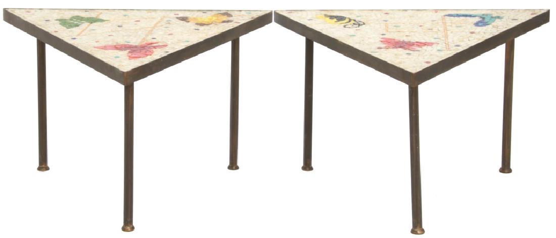 Pair of Genaro Alvarez Mosaic Side Tables: Pair of Genaro Alvarez Mosaic Side Tables. Both triangular tables have three colorful butterflies, a white mosaic background with colored pieces randomly placed throughout, supported by a metal frame