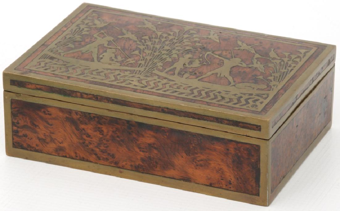 Erhard & Sons Brass Inlaid Maple Box: Erhard & Sohne Brass Inlaid Maple Box. Birdseye maple box has an inlaid lid with scene of Native American Indians hunting and fishing in the marsh, has inlaid corners with artist mark, (lower right) a