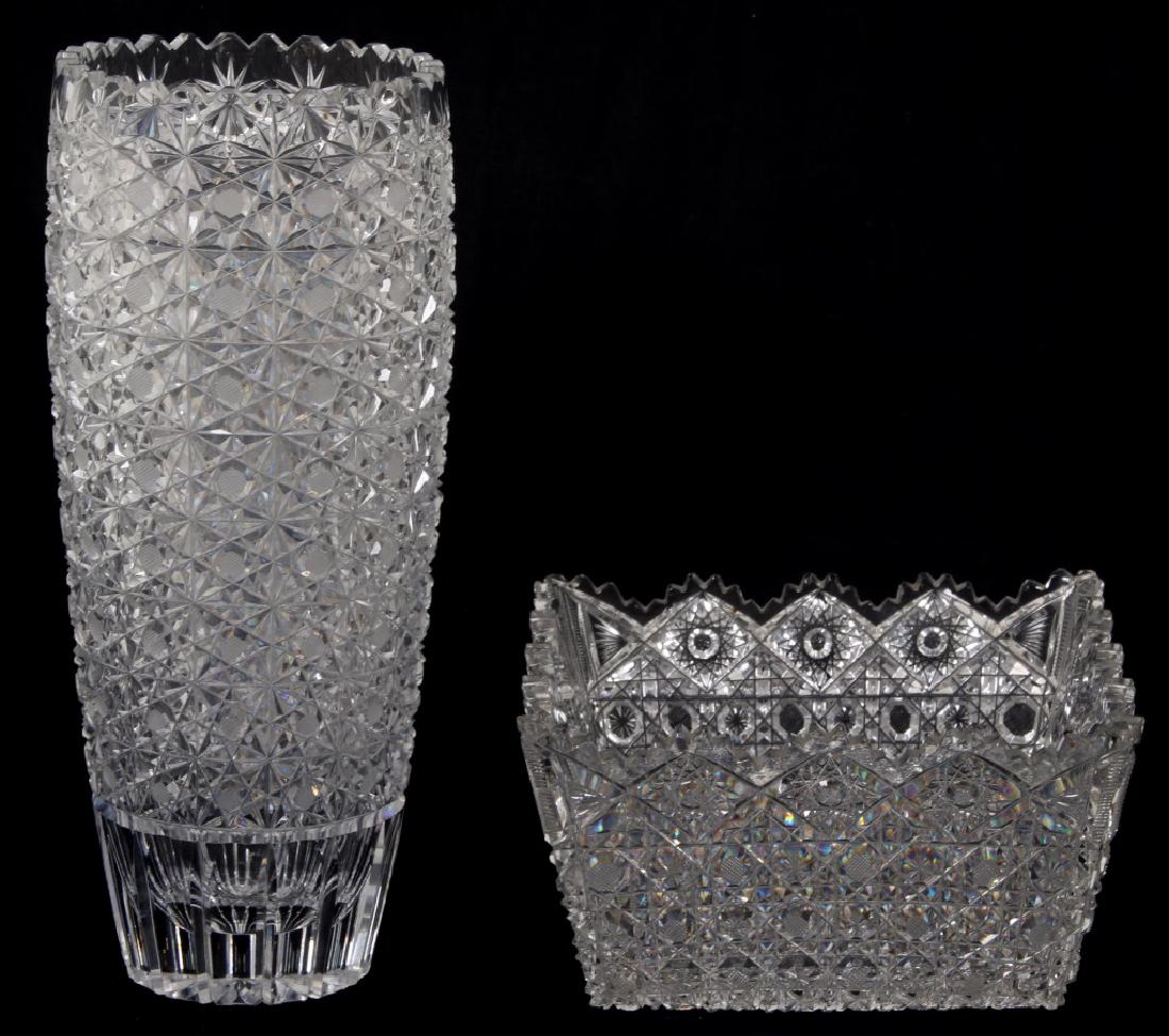 Cut Glass Vase & Square Bowl: Cut Glass Vase & Square Bowl. 2 pieces of cut glass including a Russian cut vase in perfect condition and unusual square cut bowl with intricate design having two small chips on corner teeth. Dimensio