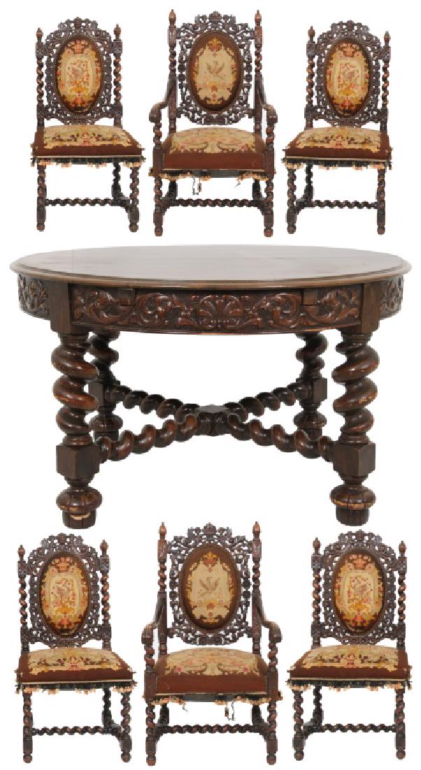 7 Piece Carved Walnut Dining Room Set: 7 Piece Carved Walnut Dining Room Set. 53-inch diameter table has a filigree carved apron, spiral turned legs, and spiral turned center supports, has 2 leaves. The six chairs include 2 armchairs and 4