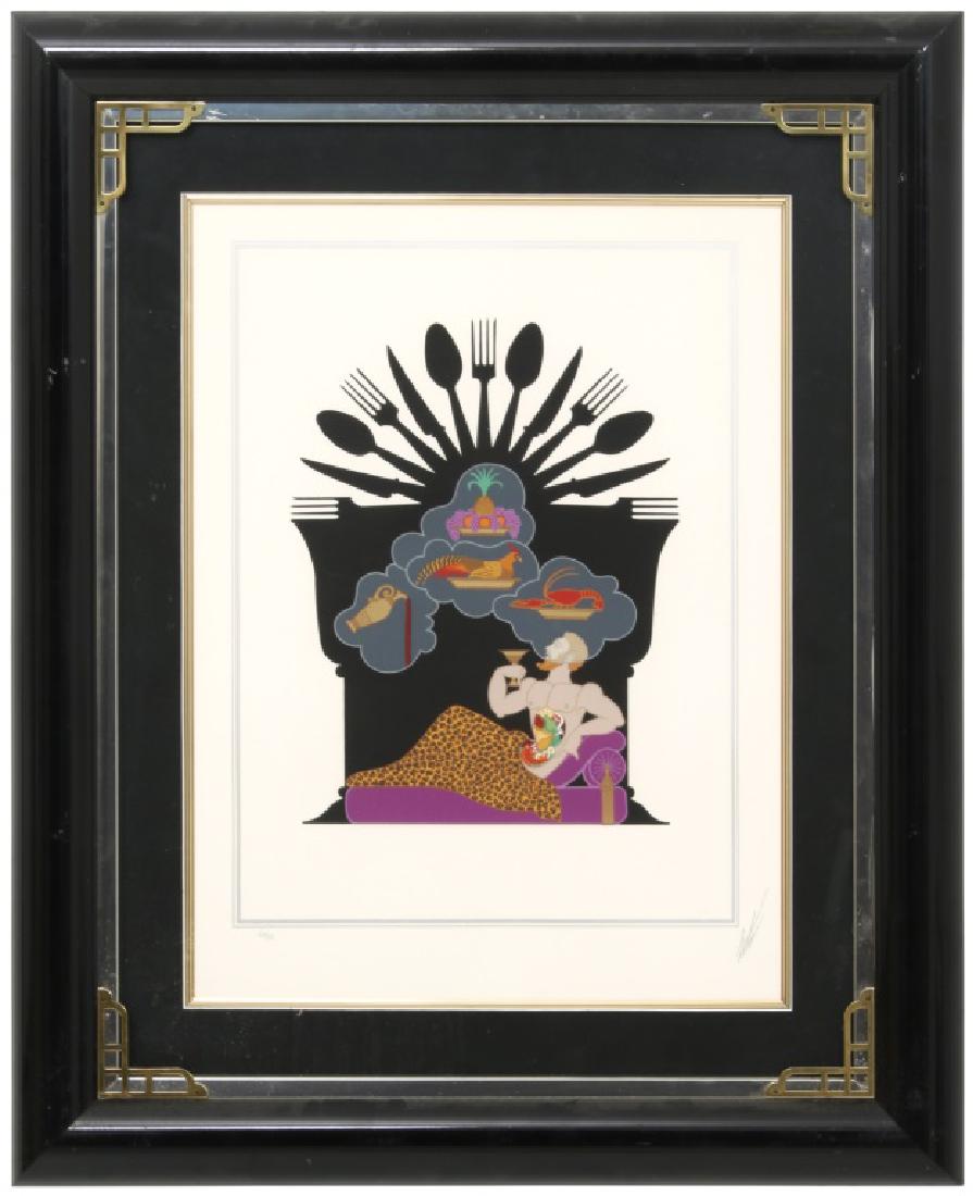 Erte Hand Signed Serigraph "Gluttony": Erte Hand Signed Serigraph "Gluttony". Romain "Erte" De Tirtoff (Russian-American, 1892-1990) hand signed serigraph from the "Seven Deadly Sins" series titled "Gluttony", has a silvered border, hand s
