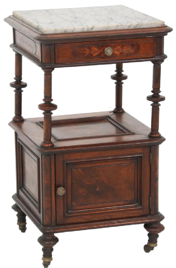 Walnut Marble Top and Inlaid Half Commode: Walnut Marble Top and Inlaid Half Commode. Inset white marble top has gray striations, the single inlaid drawer is supported by 4 turned columns; a single door in the bottom has an inset burled walnut