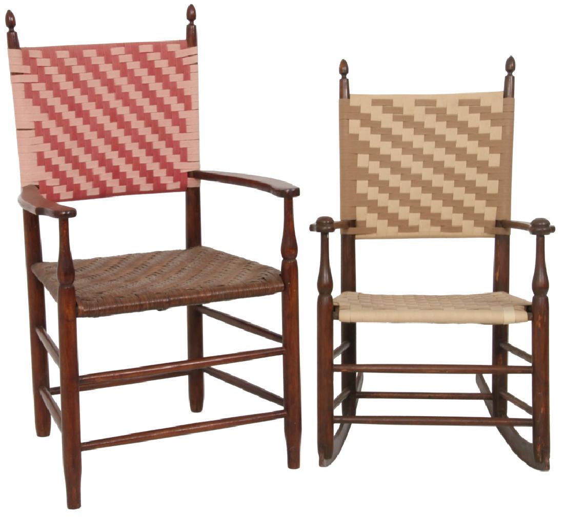 Shaker Rocking Chair and Armchair: Shaker Rocking Chair and Armchair. The rocking chair is in original condition with taped seat and back, the arm chair has been refinished with rush seat and taped back, missing mushroom caps on the ar