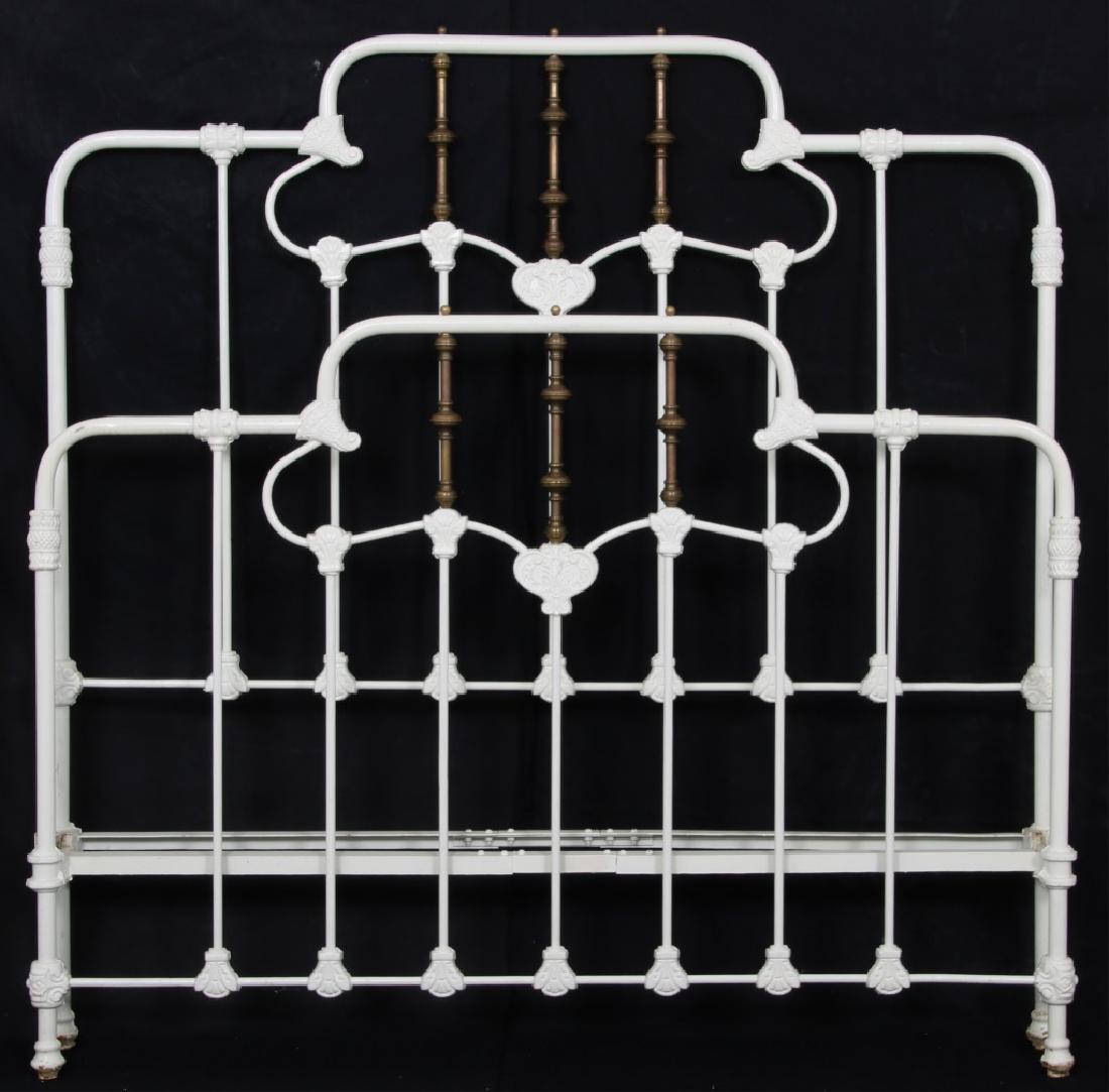 Full Size Iron & Brass Bed: Full size Brass & iron bed with floral cornucopia mounts. Dimensions: outside - 60 in. wide x 61 in. high x 84 in. deep; inside - 60 in. wide x 80 in. deep.