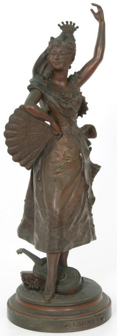 C. Alphonse Colle (b. 1857), Tiffany & Co. Bronze: Charles Alphonse Colle (French, b. 1857), Tiffany & Co. Bronze. 28 in. high bronze statue titled "Carmen," depicts a woman wearing a long dress with her left arm raised and a fan in her right hand; at