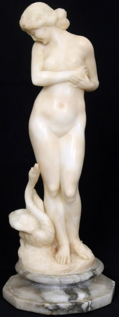 G. Mascogni Alabaster Sculpture Leda and the Swan: G. Mascogni Alabaster Sculpture of Leda and the Swan. Figure of Leda is standing with a swan at her side; on a striated marble base, unsigned. Dimensions: 19 1/4 in. high. Weight: 15.10 lbs.